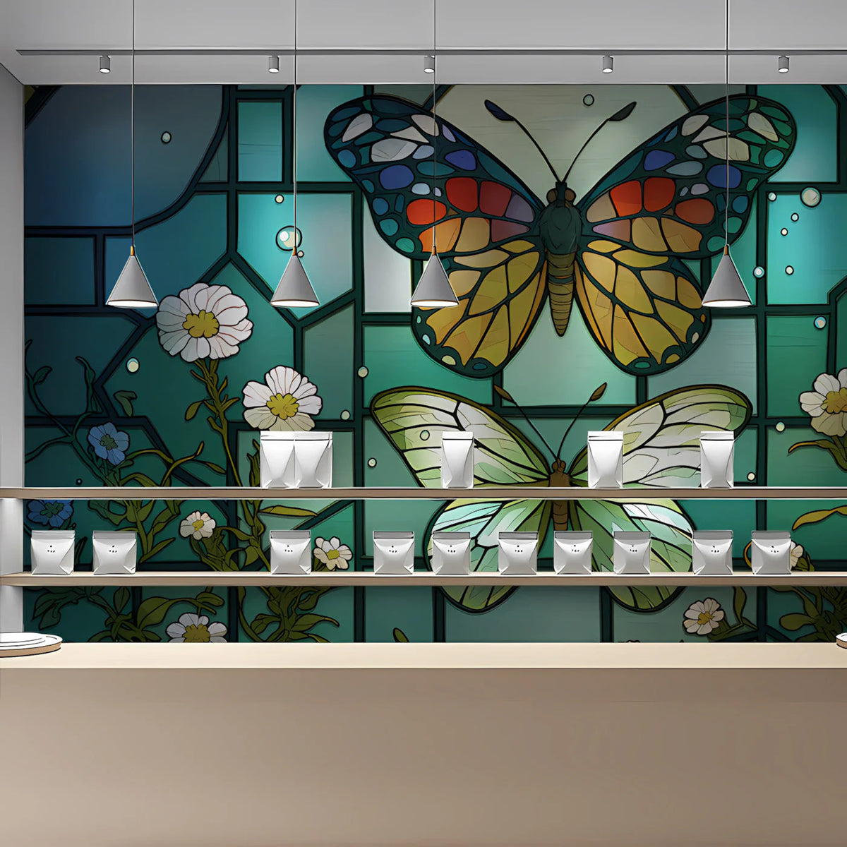 Stained Glass Butterfly Mural Wallpaper — Vibrant Botanical Art Mural Wallpaper - room preview 02