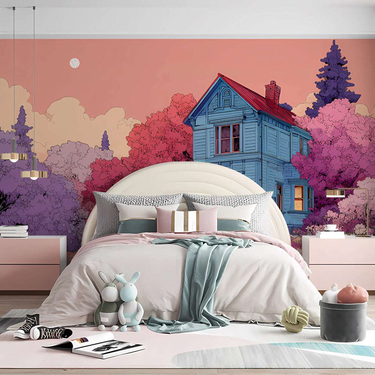 Victorian Cottage Mural Wallpaper — Whimsical Dreamscape Illustration Mural Wallpaper - room preview 02