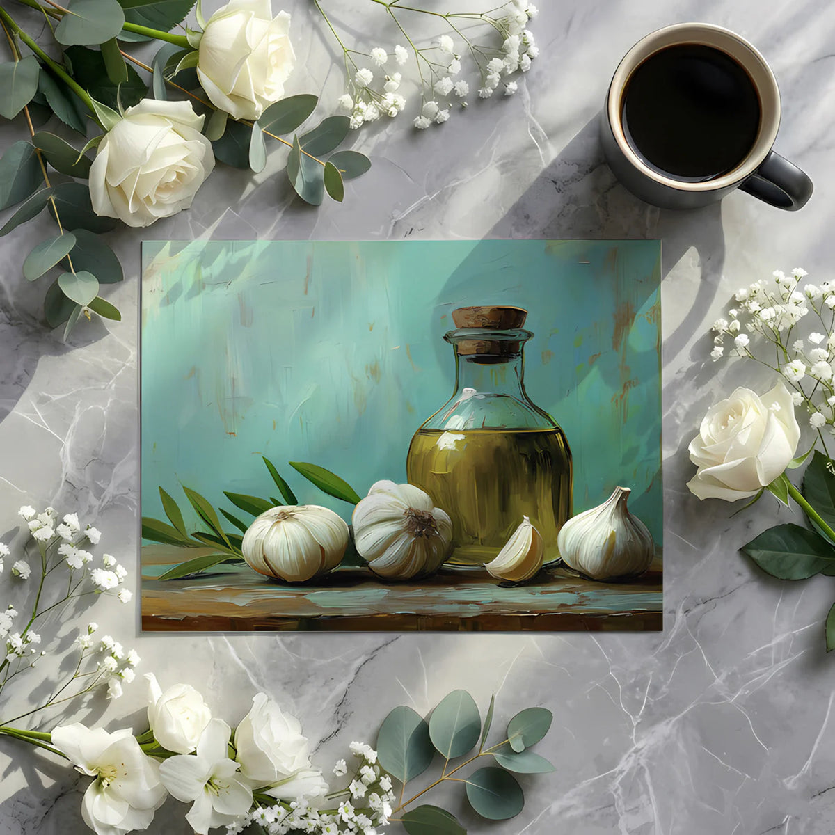 Rustic Olive Oil & Garlic Still Life Mural Wallpaper - room preview 02