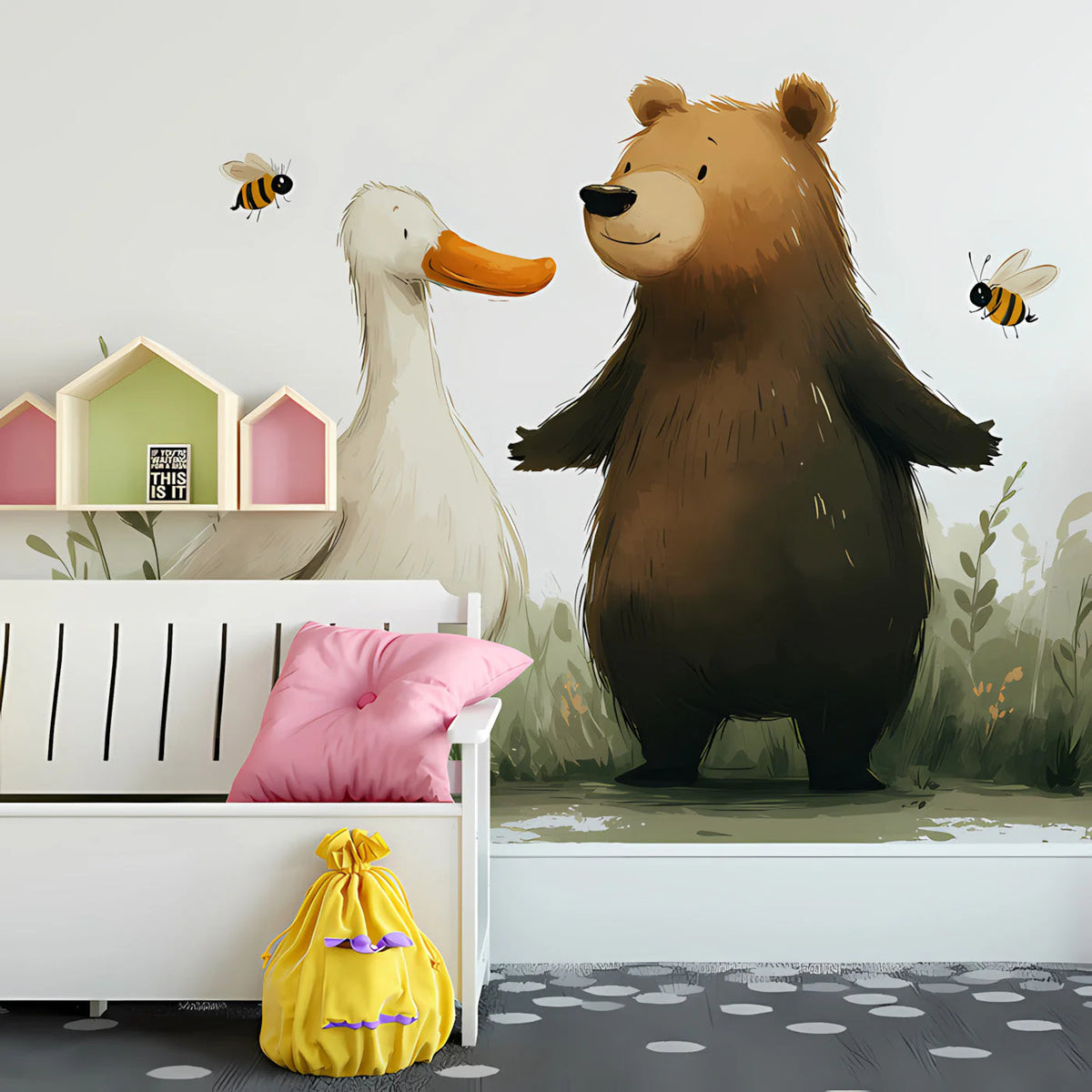 Bear and Duck Storybook Mural Wallpaper — Whimsical Kids Illustration Mural Wallpaper - room preview 02