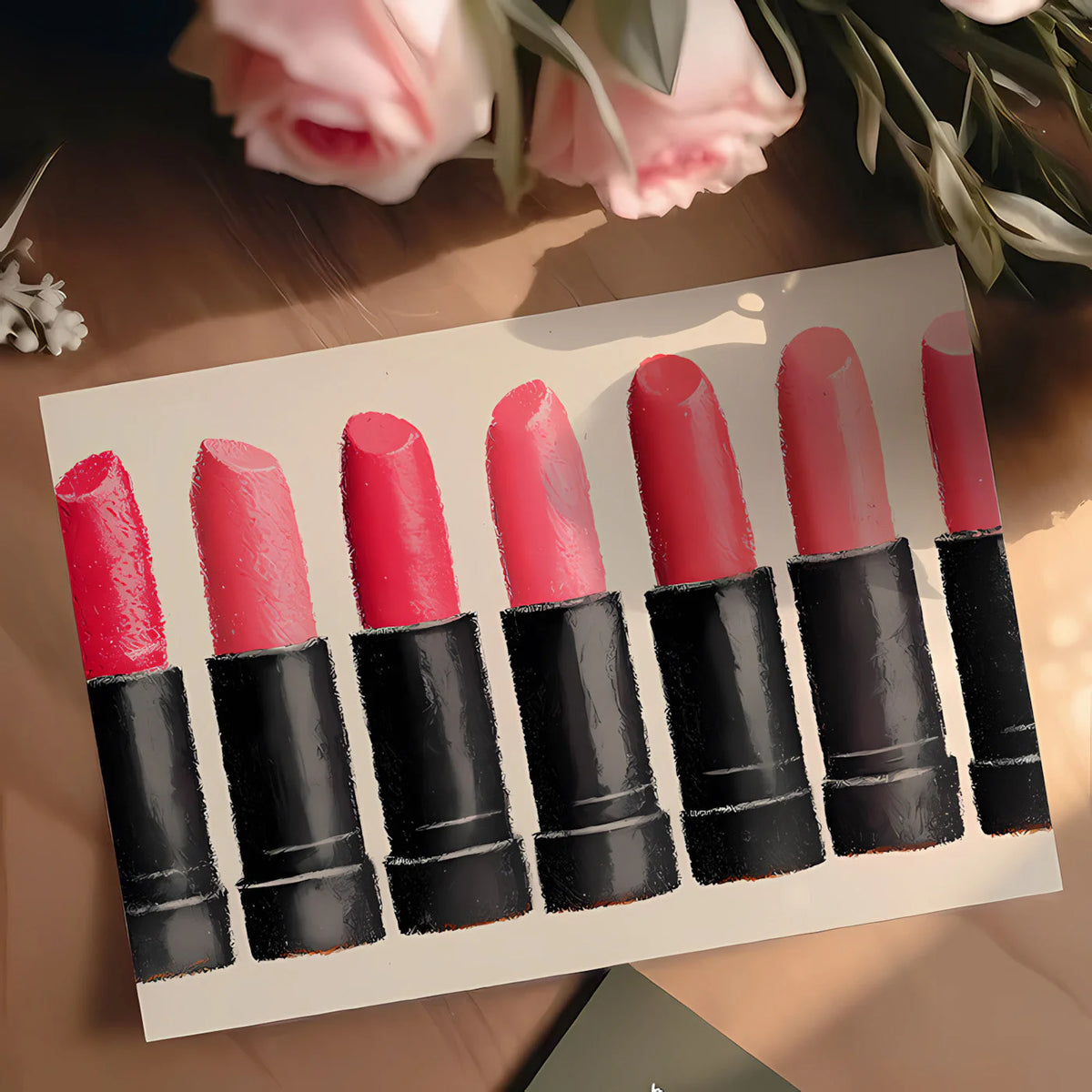 Cosmetic Lipstick Lineup Mural Wallpaper in Pink and Charcoal Mural Wallpaper - room preview 02