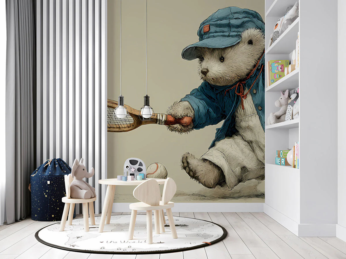 Tennis Teddy Bear Mural Wallpaper — Whimsical Sports Illustration Mural Wallpaper - room preview 02