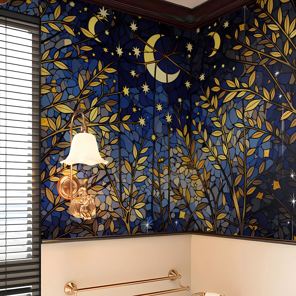 Stained Glass Night Forest Mural Wallpaper — Cosmic Botanical Mural Wallpaper - room preview 02