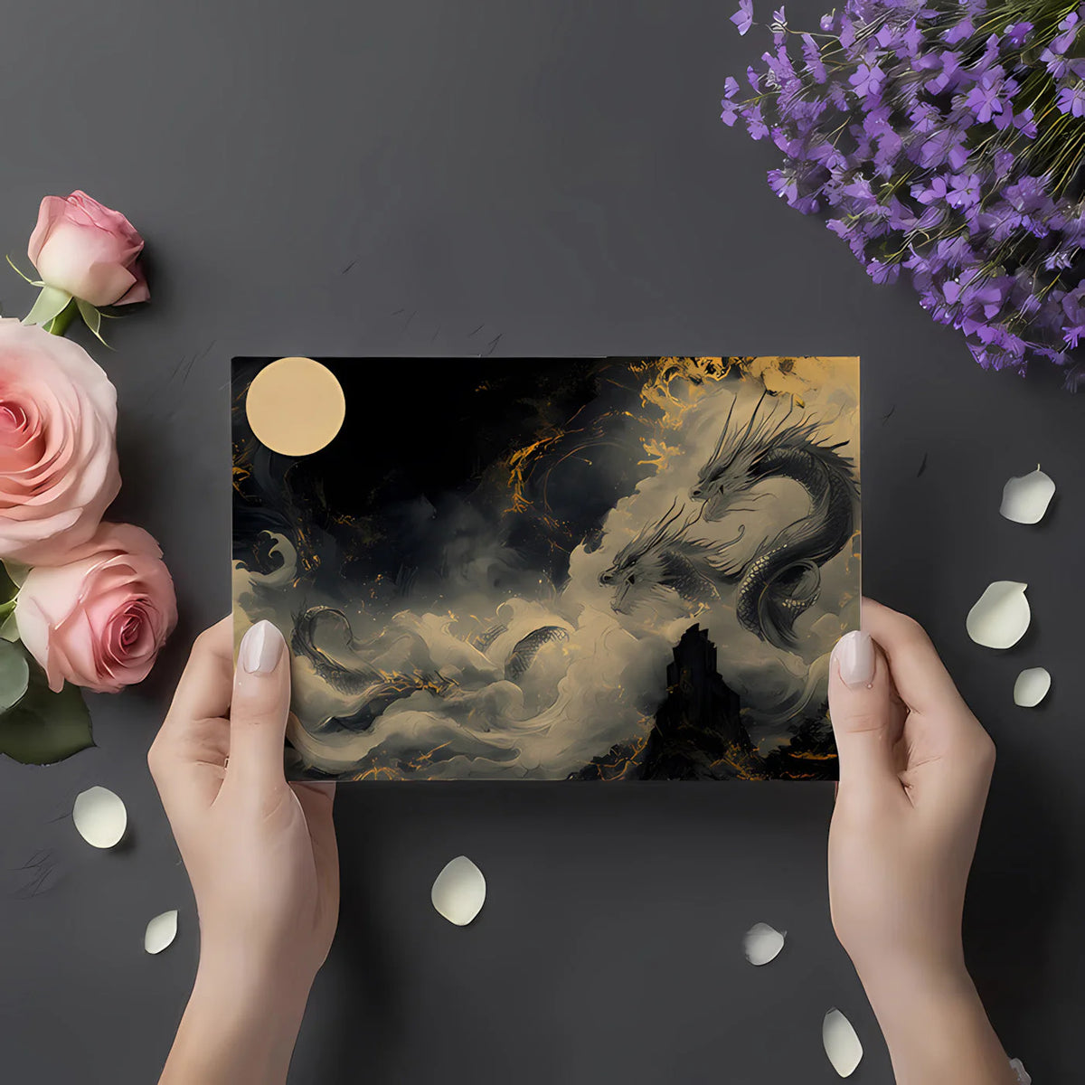 Celestial Dragon Cloud Mural Wallpaper — Gold and Charcoal Decor Mural Wallpaper - room preview 02
