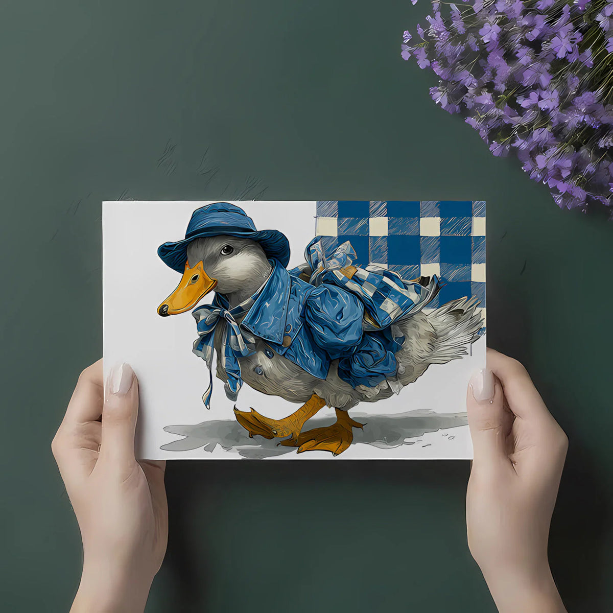 Dapper Traveler Duck Mural Wallpaper — Whimsical Blue Motif Mural Wallpaper - room preview 02