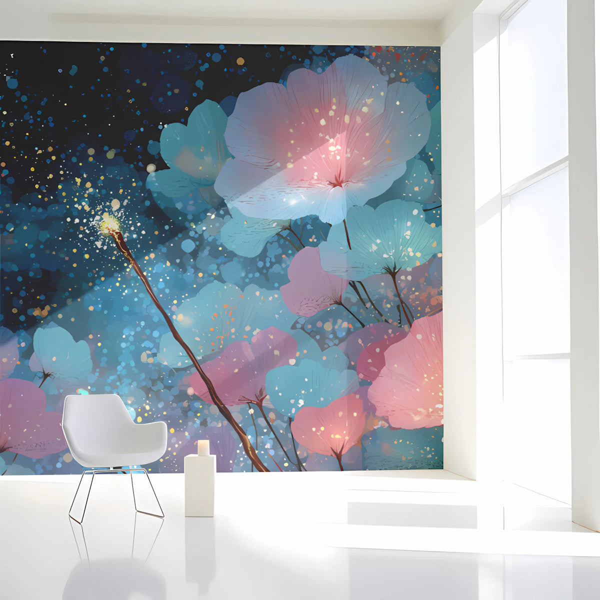 Cosmic Floral Fantasy Mural Wallpaper — Whimsical Night Garden Mural Wallpaper - room preview 02