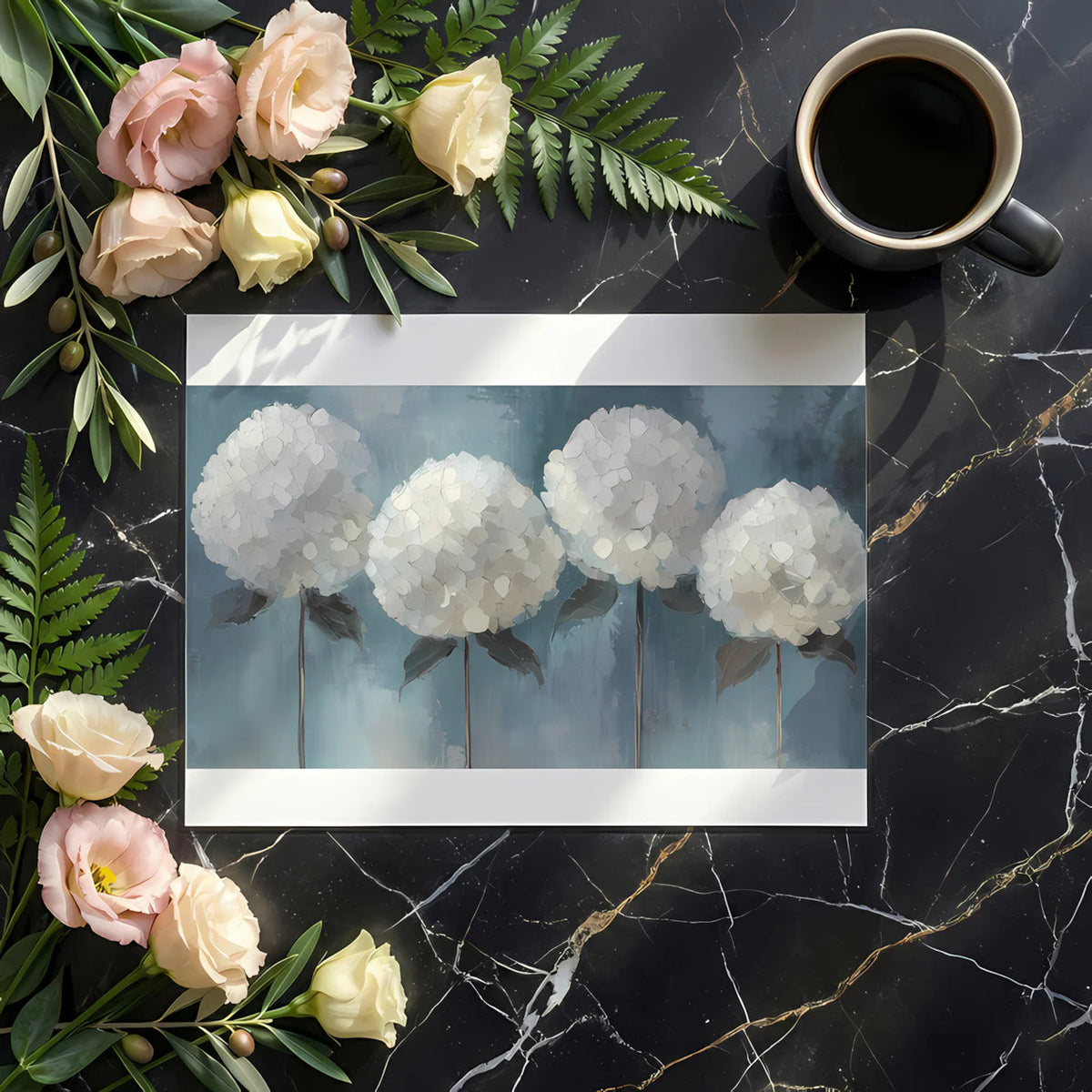 Hydrangea Bloom Mural Wallpaper in Muted Blue and Cream Mural Wallpaper - room preview 02