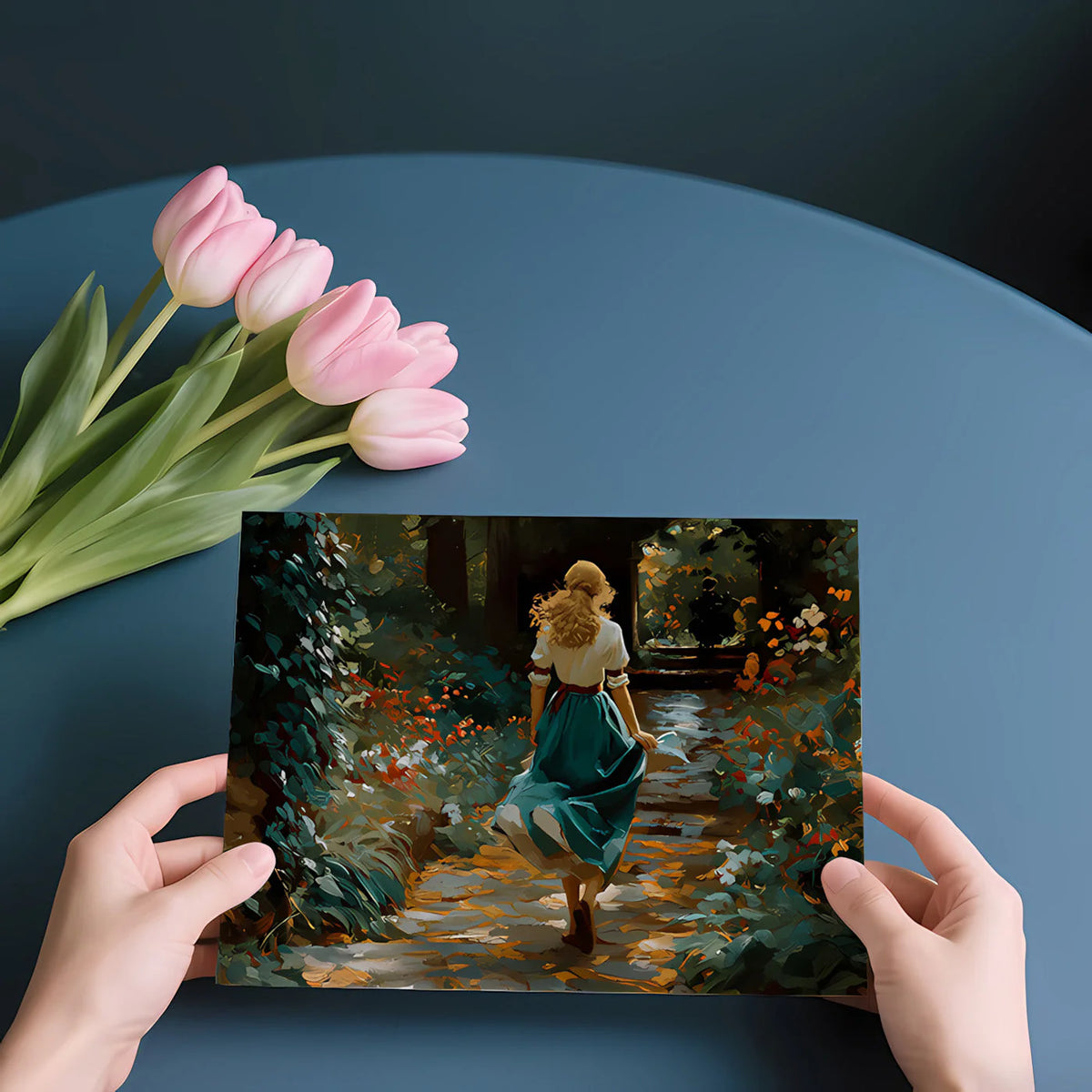 Garden Stroll Oil Painting Mural Wallpaper in Teal and Ochre Mural Wallpaper - room preview 02