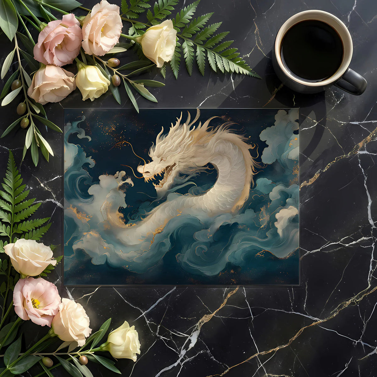 Celestial Dragon Mural Wallpaper in Deep Blue and Gold Mural Wallpaper - room preview 02