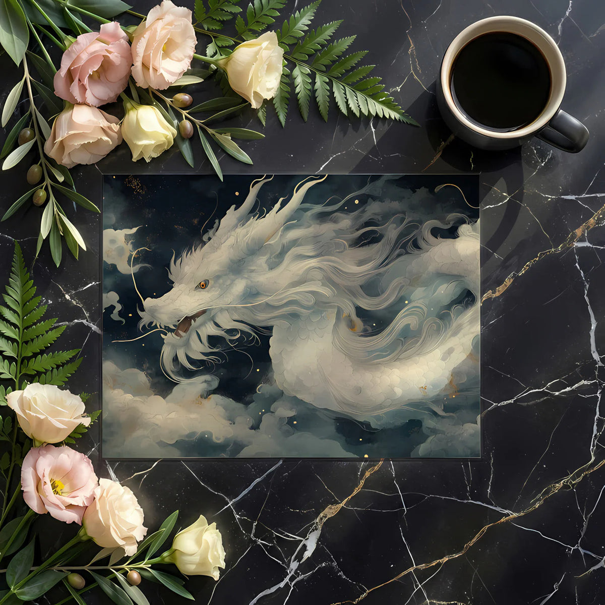 Celestial Dragon Mural Wallpaper in Midnight Blue and Pearl Mural Wallpaper - room preview 02