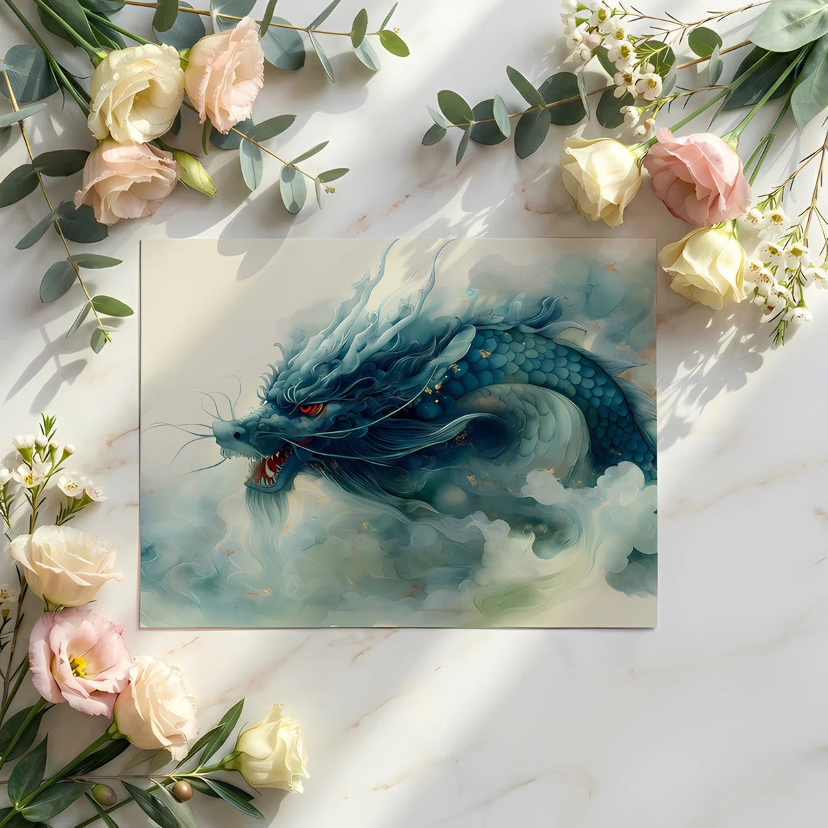Ethereal Azure Dragon Mural Wallpaper — Mythical Artistic Design Mural Wallpaper - room preview 02