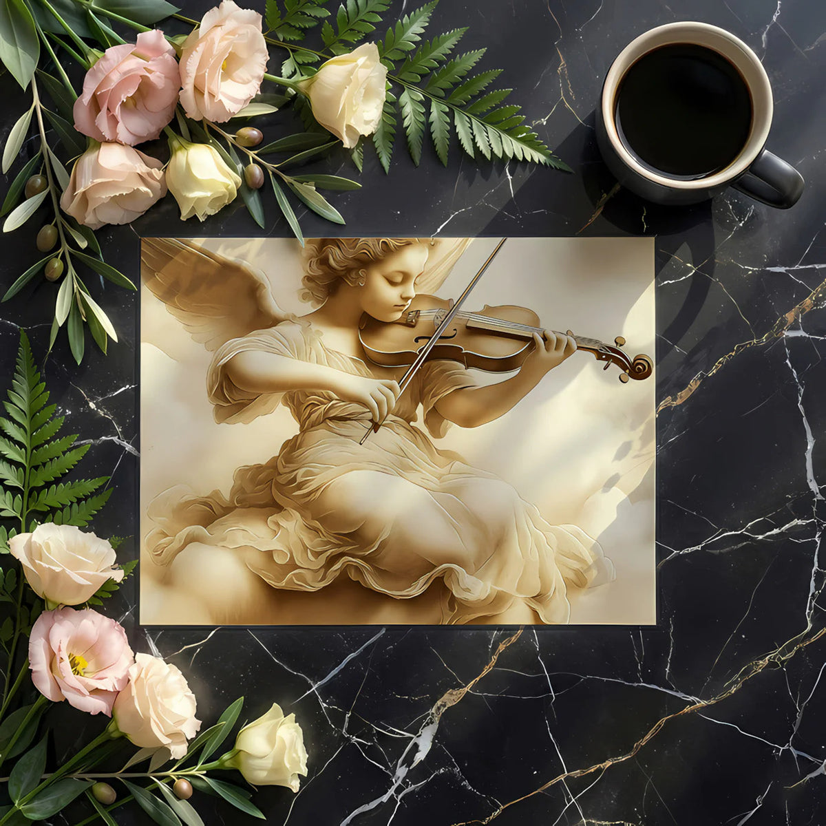 Violin Playing Angel Mural Wallpaper in Sepia Tones Mural Wallpaper - room preview 02
