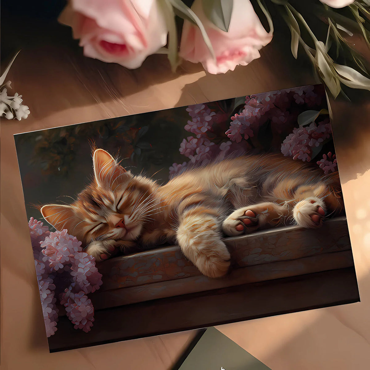 Sleeping Ginger Cat and Lilac Blooms Mural Wallpaper - room preview 02