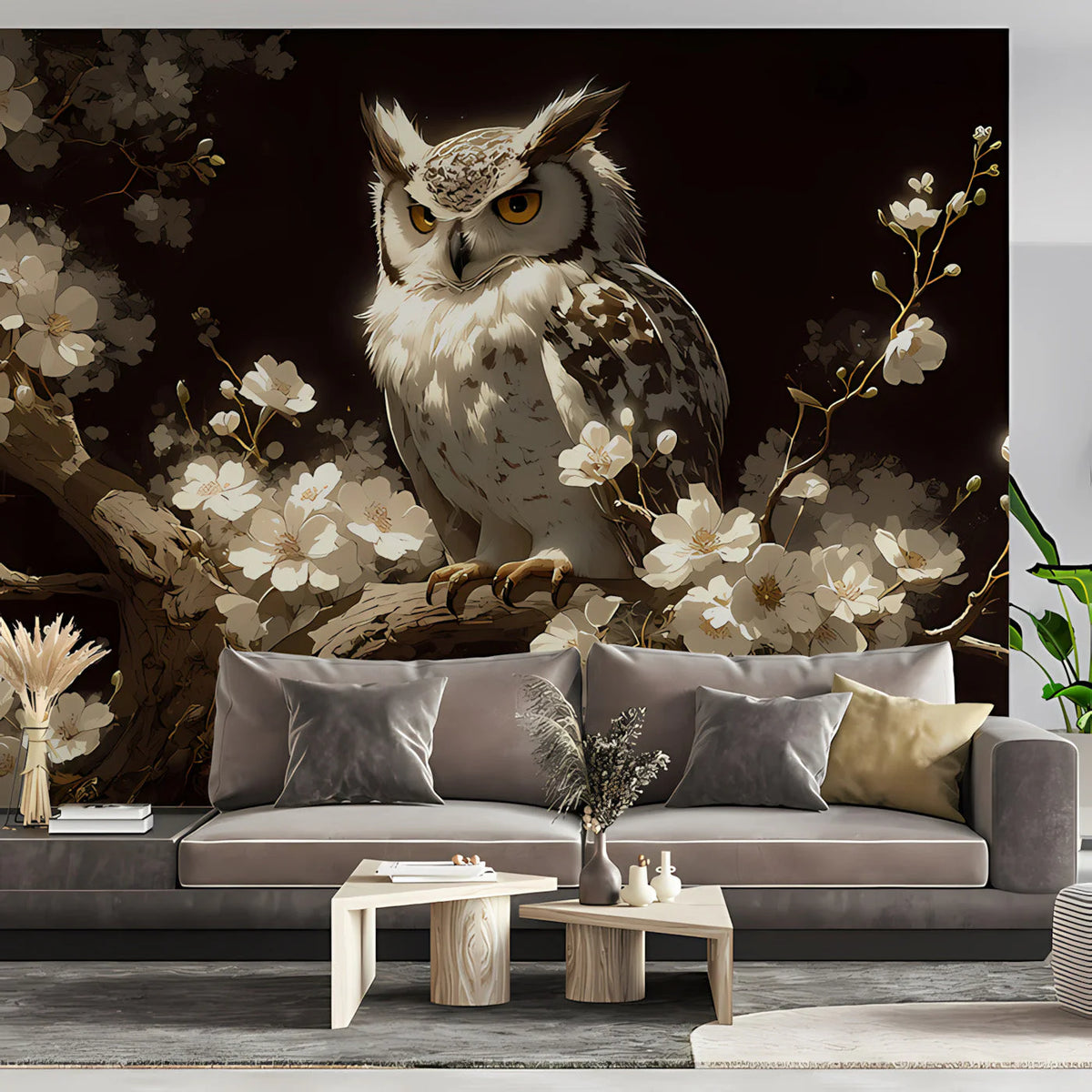 Nocturnal Owl and Cherry Blossom Mural Wallpaper - room preview 02