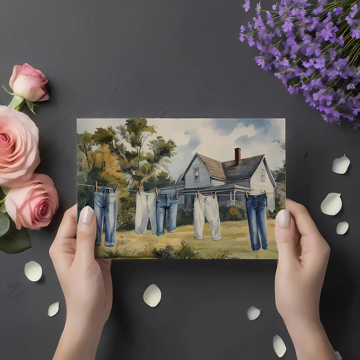 Countryside Laundry Mural Wallpaper — Artistic Rural Scene Mural Wallpaper - room preview 02