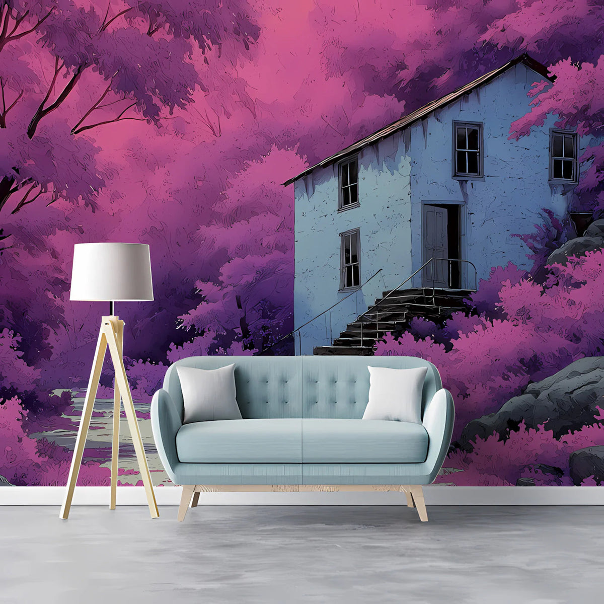 Violet Forest Cottage Mural Wallpaper —Whimsical Painted Scene Mural Wallpaper - room preview 02