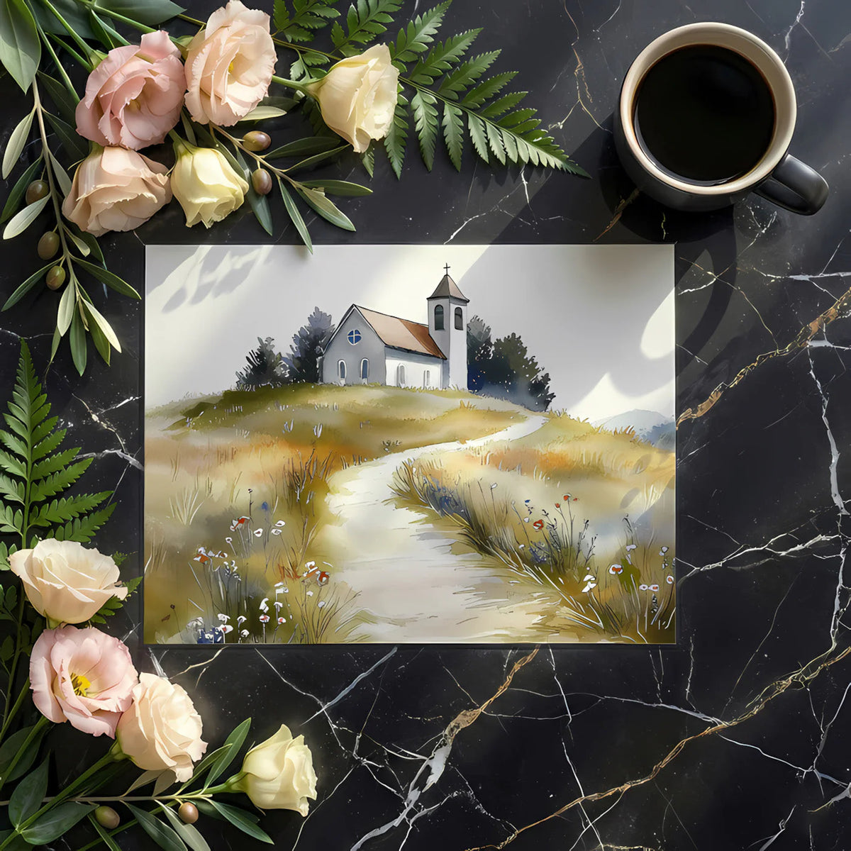 Country Chapel Watercolor Landscape Mural Wallpaper - room preview 02