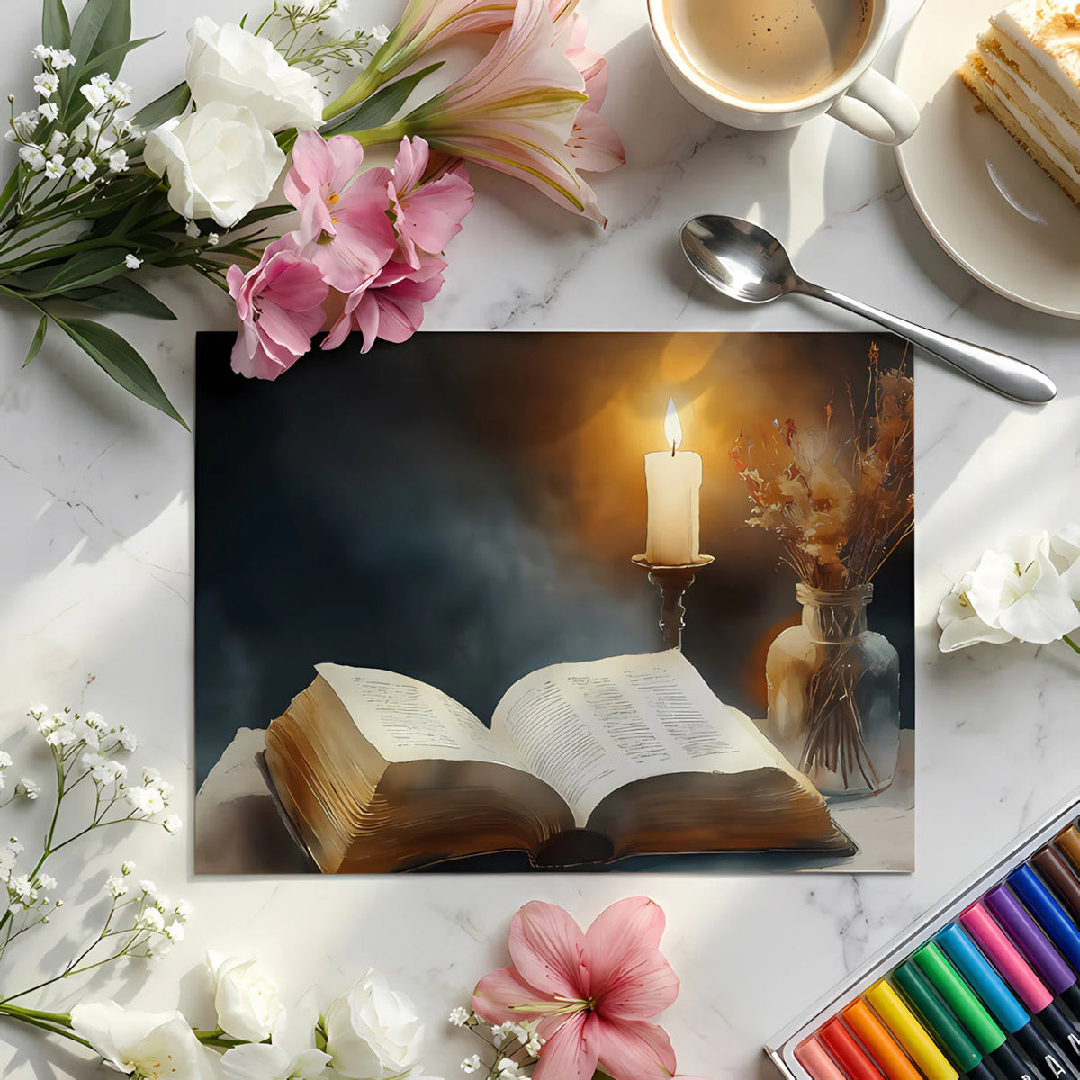 Candlelit Library Still Life Mural Wallpaper — Moody Academic Style Mural Wallpaper - room preview 02