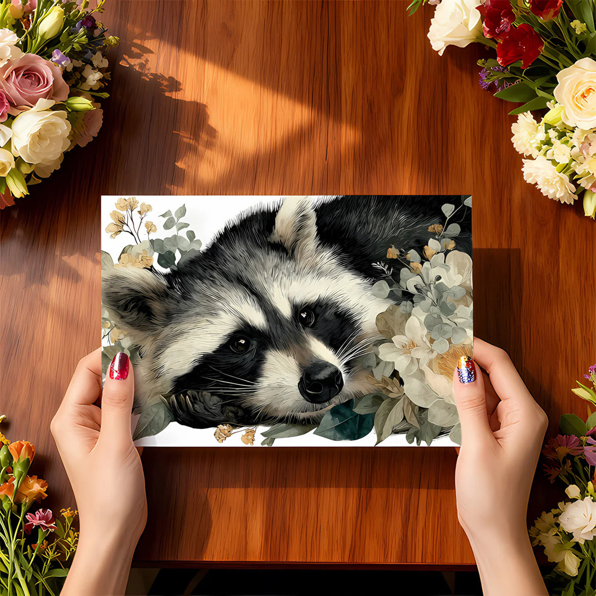 Resting Raccoon Floral Mural Wallpaper — Whimsical Nature Art Mural Wallpaper - room preview 02