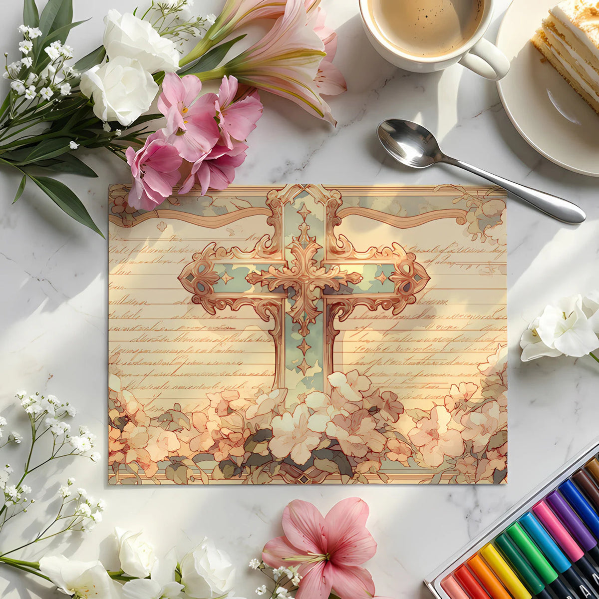 Baroque Script Cross Mural Wallpaper — Artistic Vintage Heritage Mural Wallpaper - room preview 02