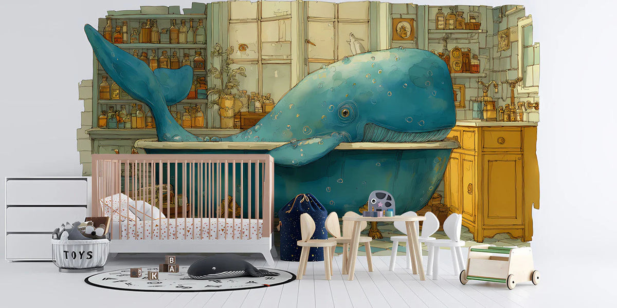 Whimsical Whale in Bathtub Mural Wallpaper — Artistic Illustration Mural Wallpaper - room preview 02