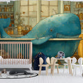 Whimsical Whale in Bathtub Mural Wallpaper — Artistic Illustration Mural Wallpaper - room preview 02