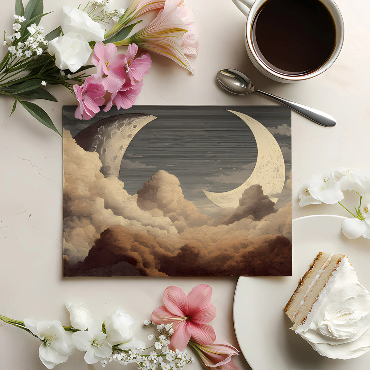 Celestial Moon and Clouds Mural Wallpaper — Etched Vintage Style Mural Wallpaper - room preview 02