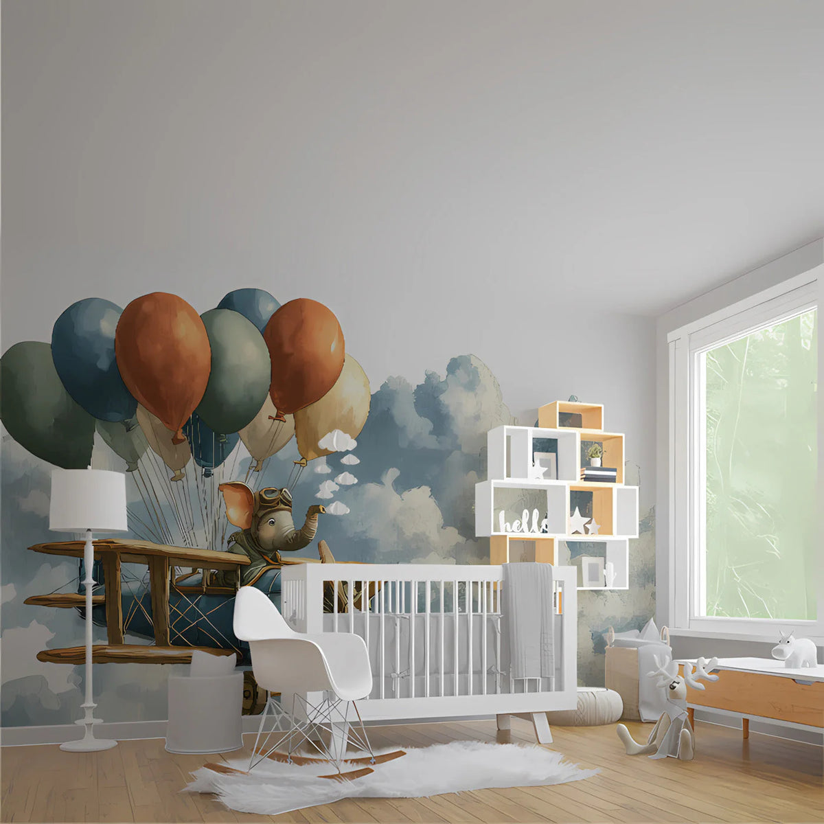 Flying Elephant Aviator Mural Wallpaper — Whimsical Sky Adventure Mural Wallpaper - room preview 02