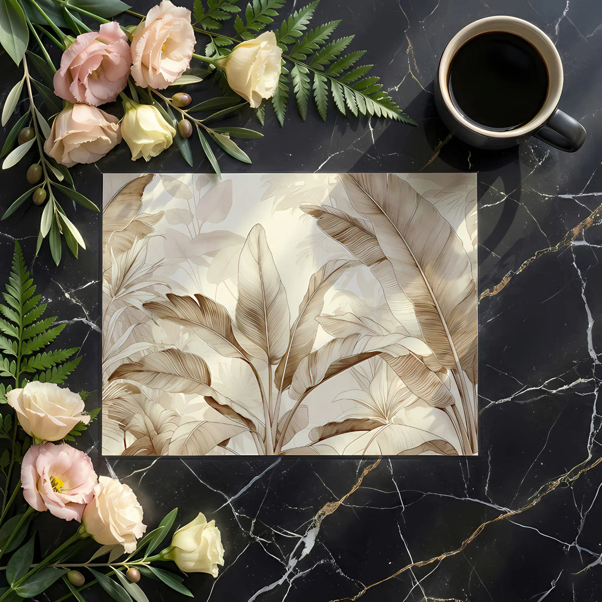 Botanical Sketch Mural Wallpaper — Warm Sepia Leaf Pattern Mural Wallpaper - room preview 02