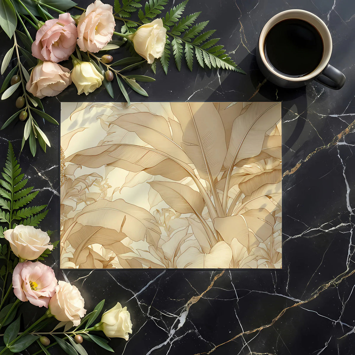 Monochrome Banana Leaf Mural Wallpaper — Botanical Line Art Mural Wallpaper - room preview 02