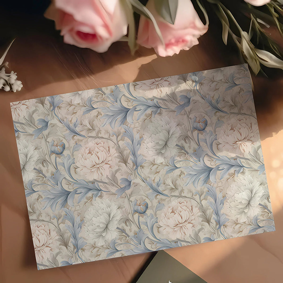 Peony Botanical Mural Wallpaper in Soft Dusky Blue and Cream Mural Wallpaper - room preview 02