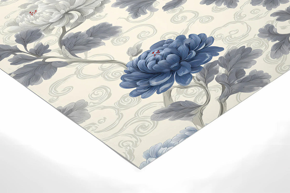 Chinoiserie Chrysanthemum Floral Mural Wallpaper in Blue and Cream Mural Wallpaper - room preview 02