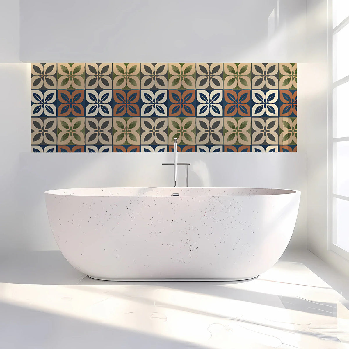 Mediterranean Tile Mural Wallpaper with Watercolor Floral Motifs Mural Wallpaper - room preview 02