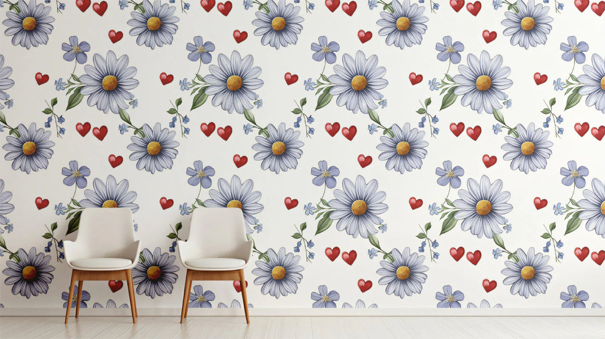 Daisies and Hearts Floral Mural Wallpaper — Whimsical Style Mural Wallpaper - room preview 02