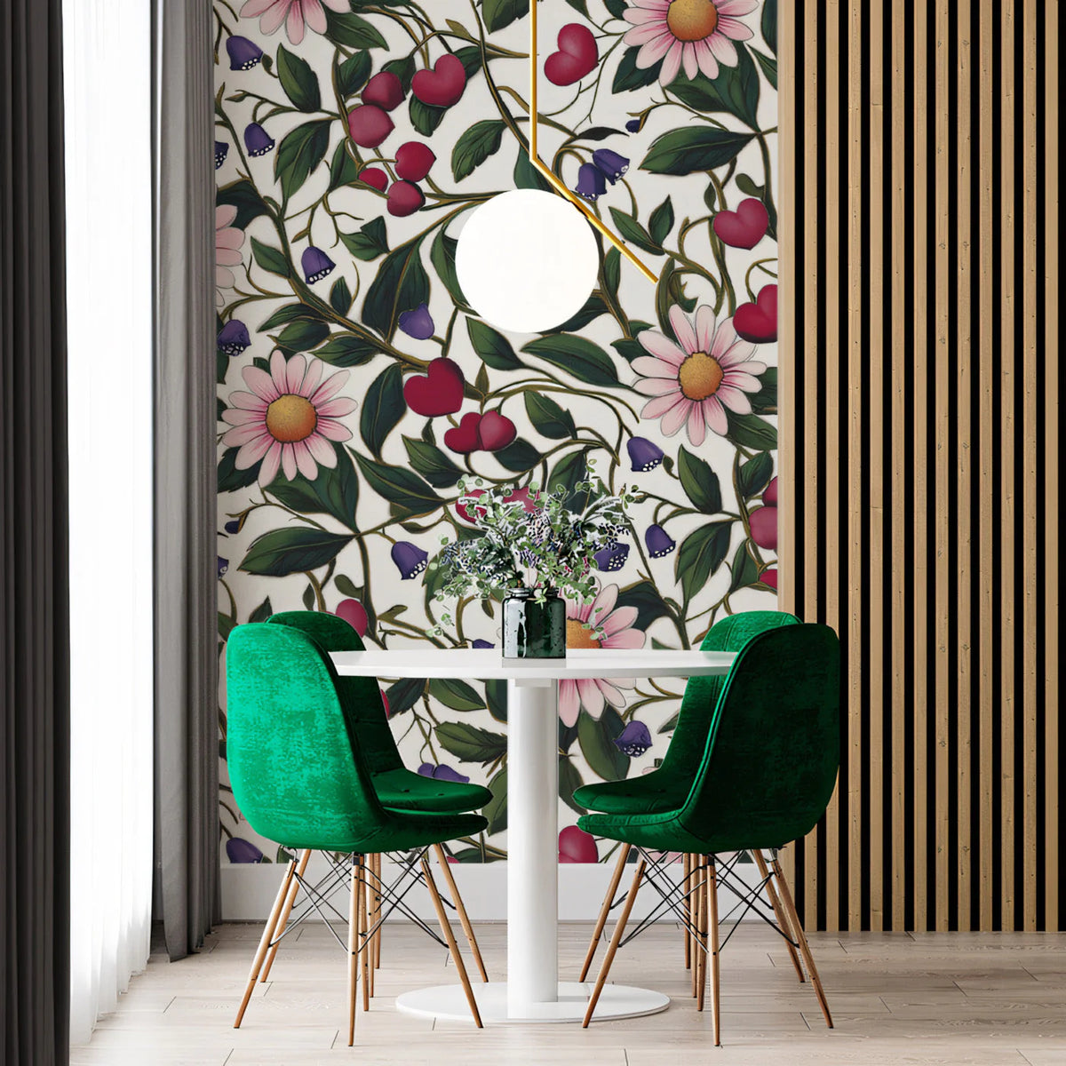 Botanical Meadow Mural Wallpaper in Soft Pink and Forest Green Mural Wallpaper - room preview 02