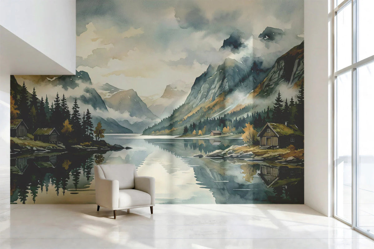 Mist-Covered Alpine Lake Mural Wallpaper — Watercolor Landscape Mural Wallpaper - room preview 02