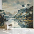 Mist-Covered Alpine Lake Mural Wallpaper — Watercolor Landscape Mural Wallpaper - room preview 02