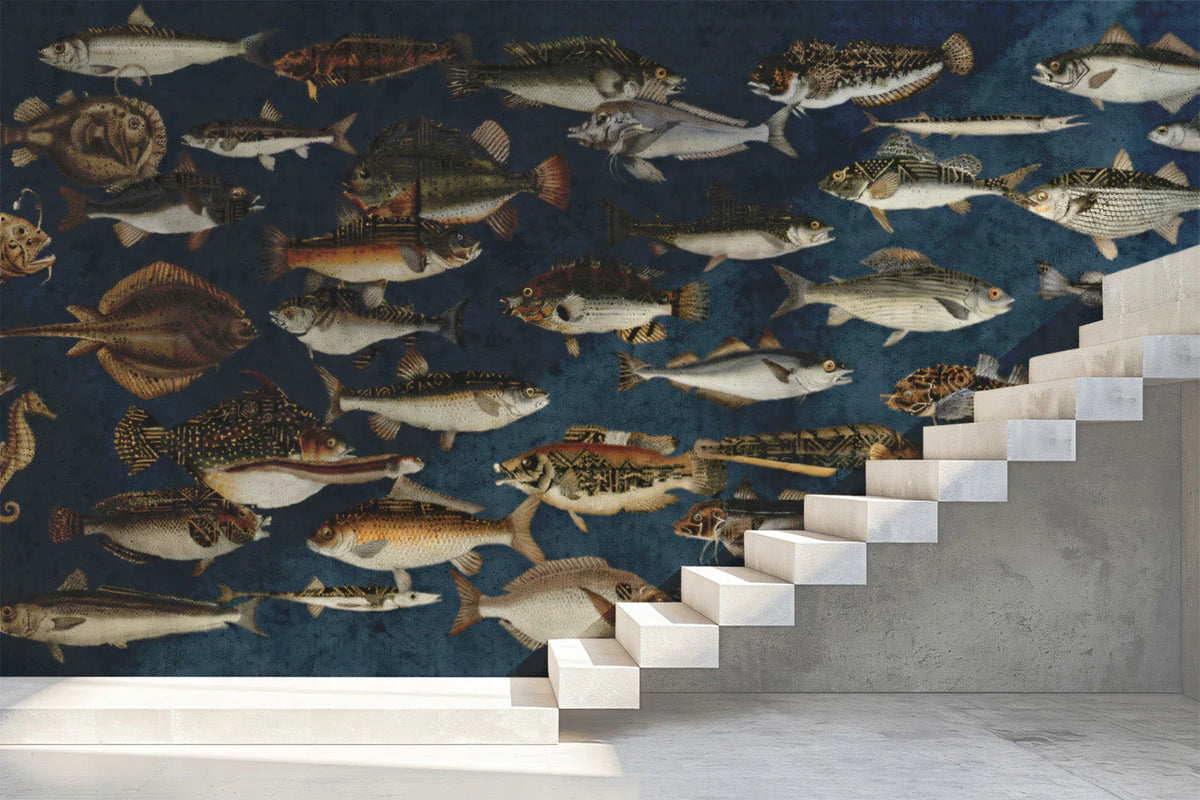 Vintage Marine Life Mural Wallpaper in Deep Navy Blue Mural Wallpaper - room preview 02