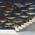 Vintage Marine Life Mural Wallpaper in Deep Navy Blue Mural Wallpaper - room preview 02