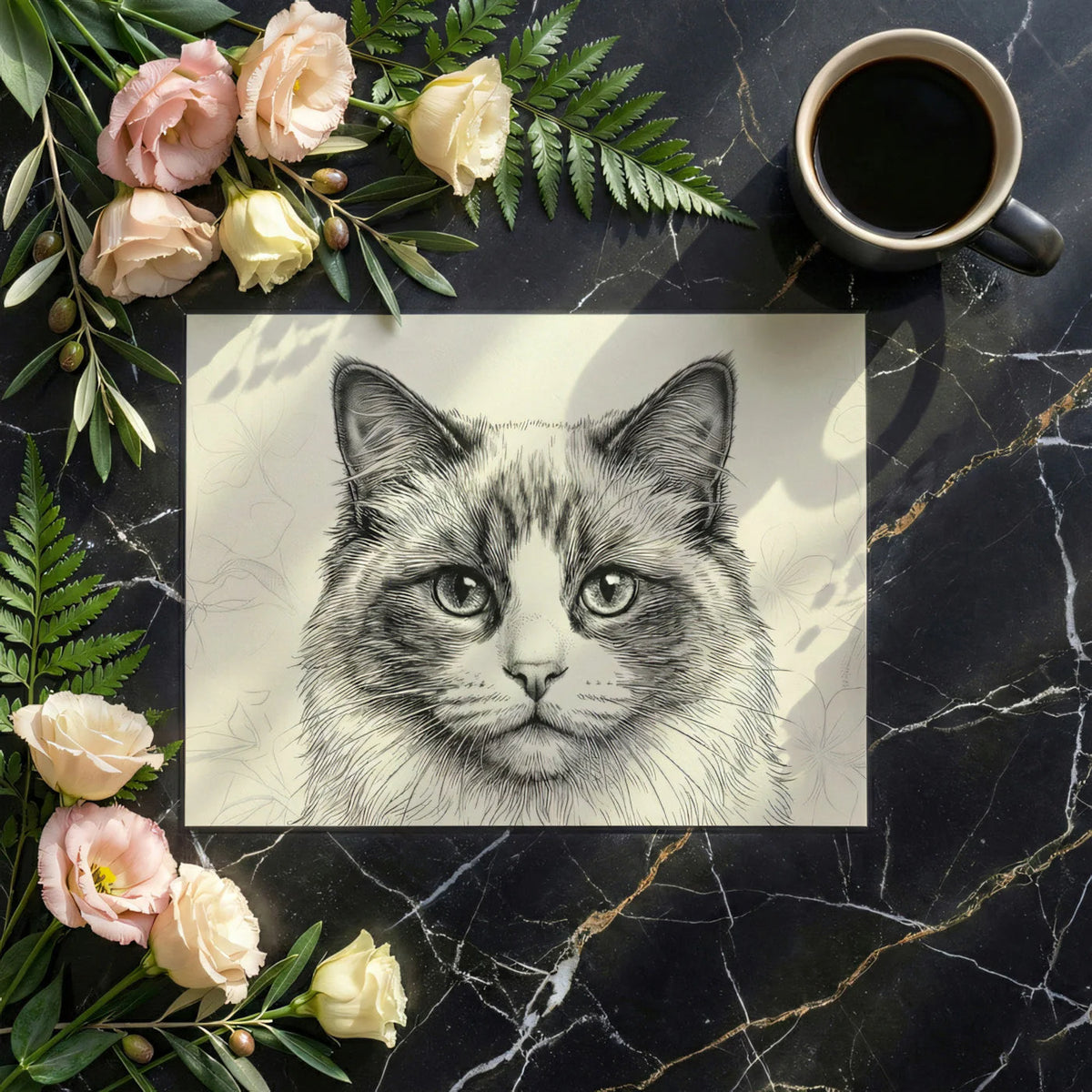 Stippled Ragdoll Cat Mural Wallpaper — Detailed Ink Art Mural Wallpaper - room preview 02