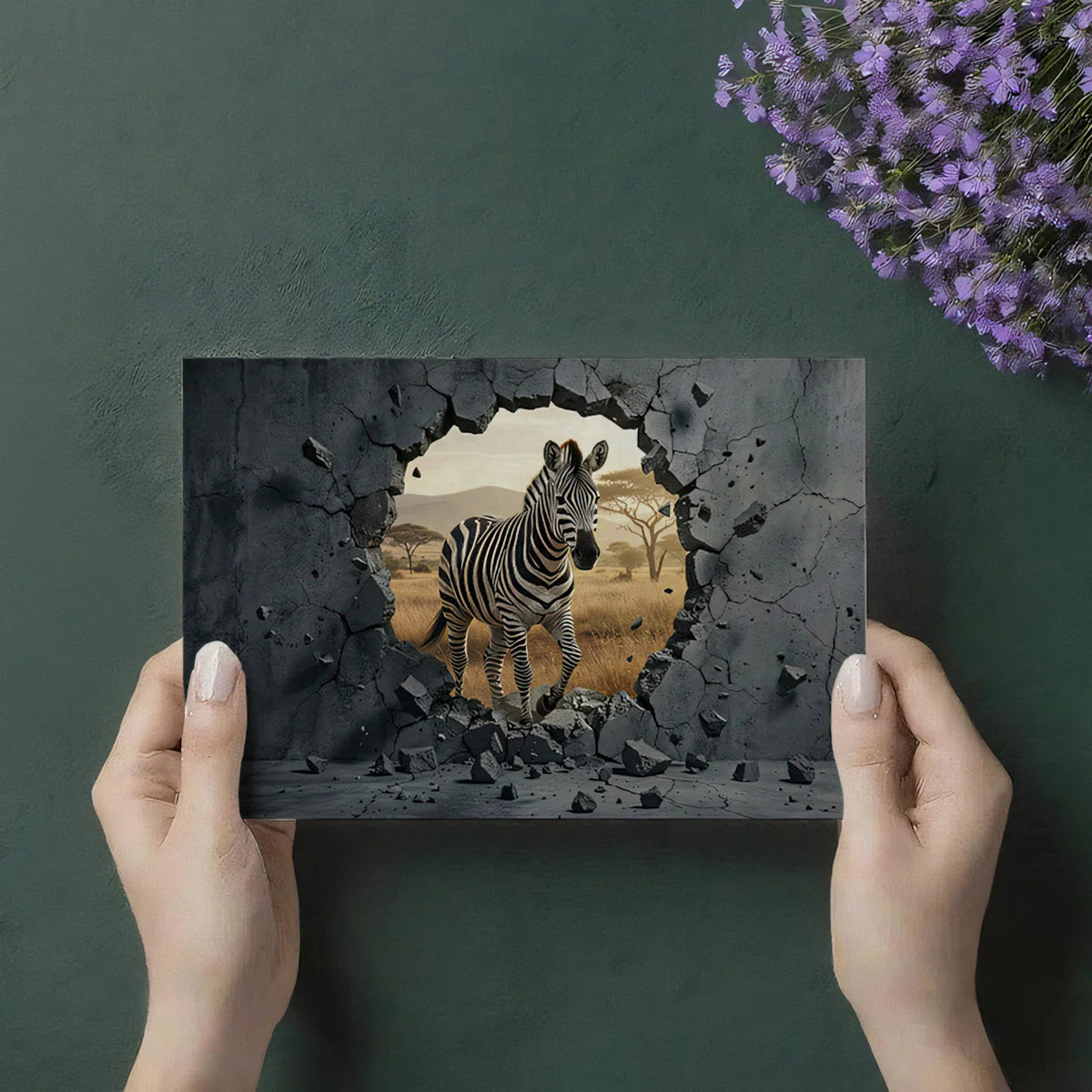 Zebra Safari Concrete Breach Mural Wallpaper — 3D Illusion Style Mural Wallpaper - room preview 02