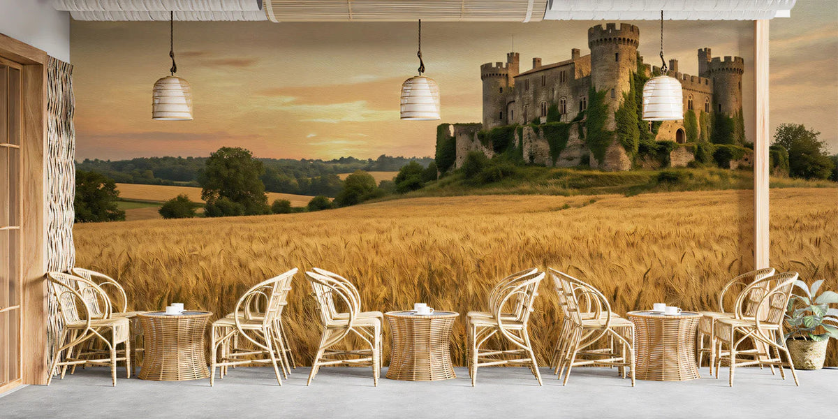Medieval Castle and Wheat Field Mural Wallpaper at Golden Hour Mural Wallpaper - room preview 02