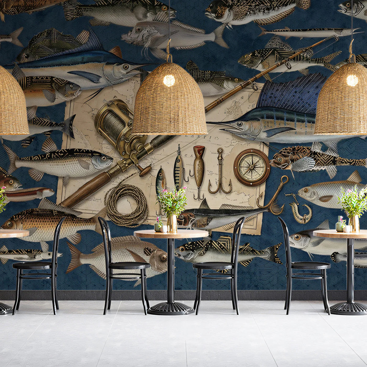Vintage Marine Fishing Mural Wallpaper — Nautical Sport Motif Mural Wallpaper - room preview 02