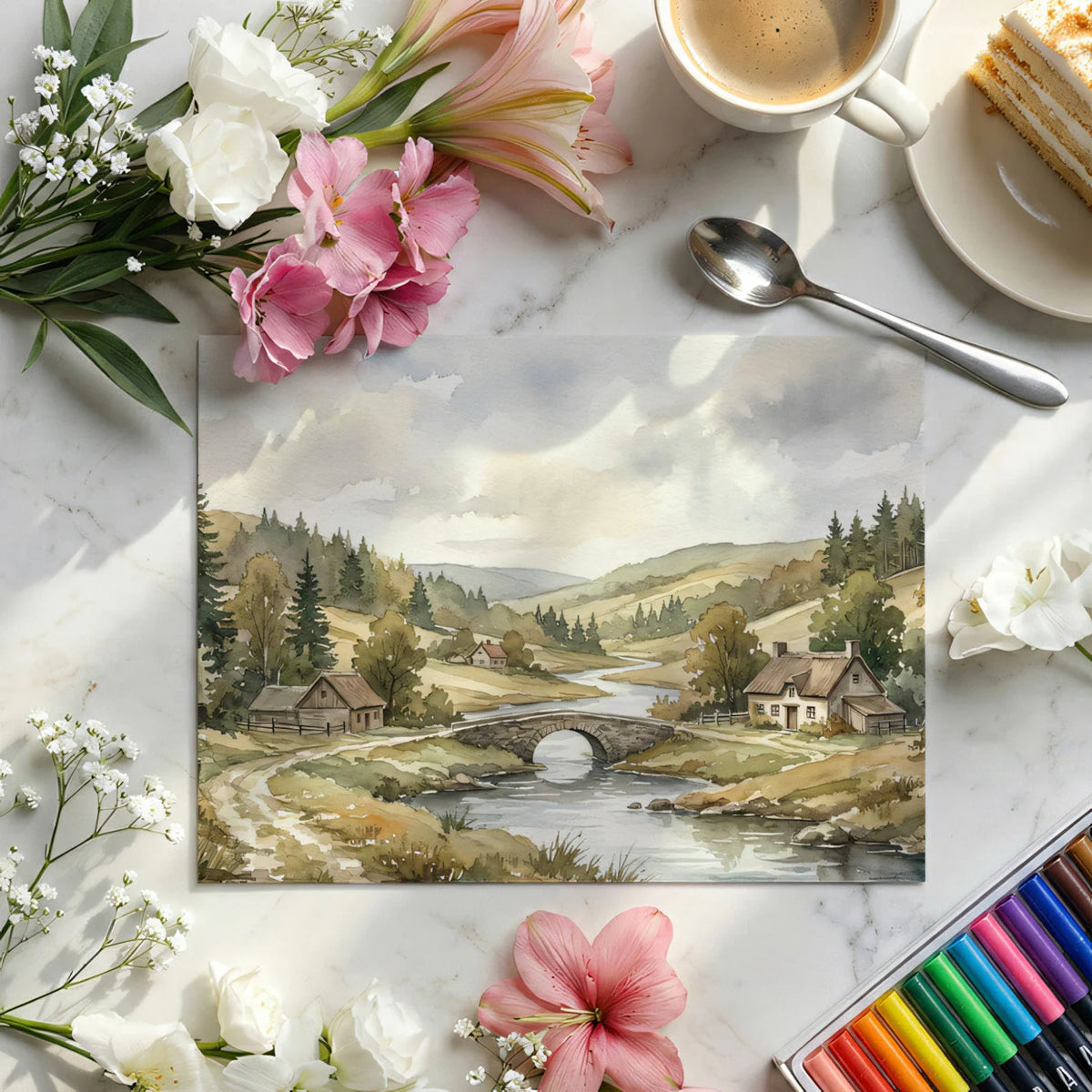 Watercolor Countryside Bridge Mural Wallpaper — Pastoral Landscape Mural Wallpaper - room preview 02