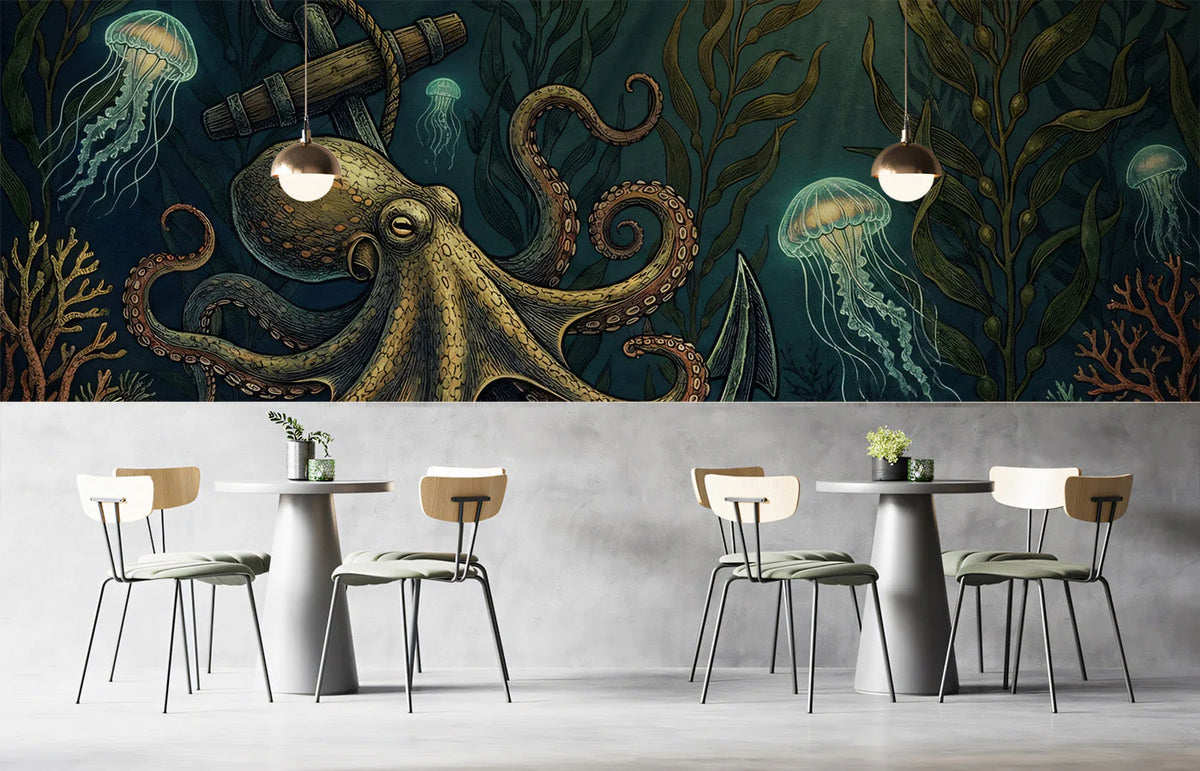 Deep Sea Octopus and Jellyfish Mural Wallpaper — Nautical Marine Art Mural Wallpaper - room preview 02