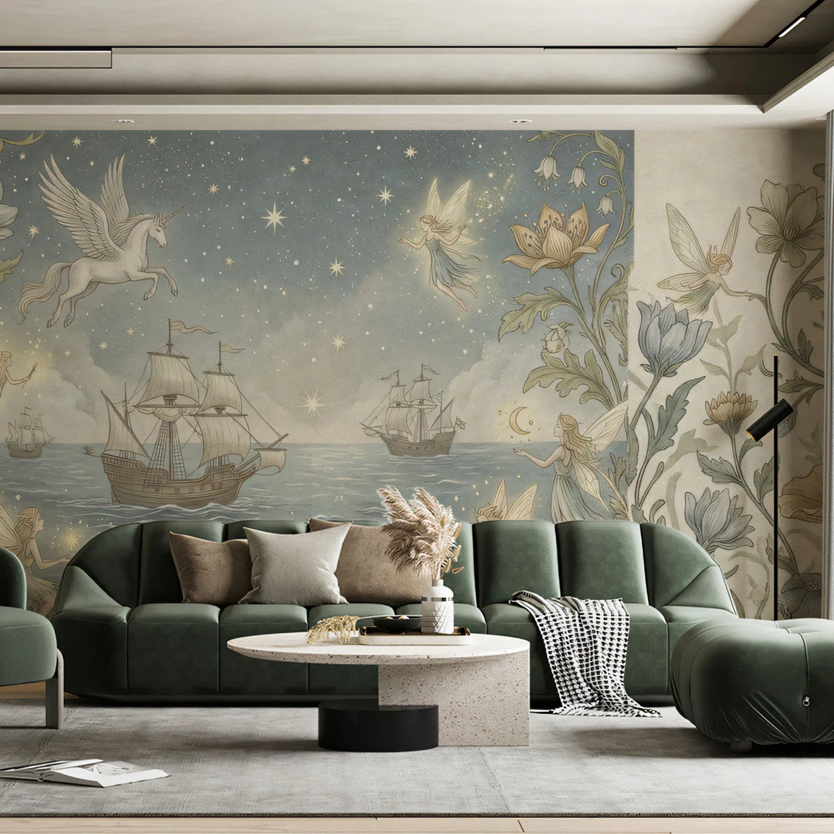 Fairy Tale Voyage Mural Wallpaper with Pegasus and Sailing Ships Mural Wallpaper - room preview 02