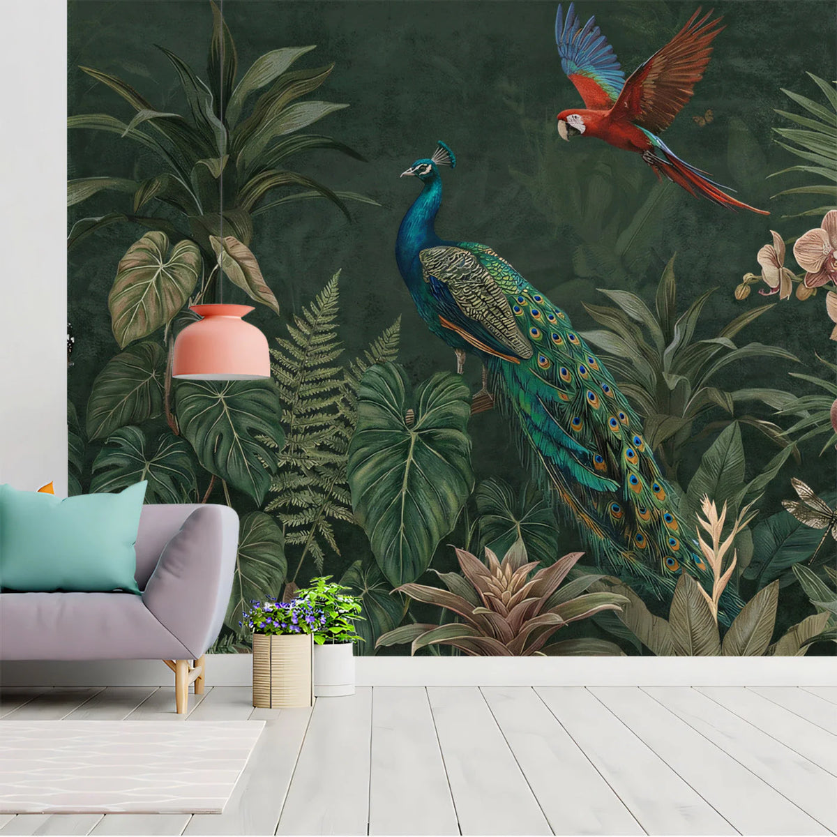 Exotic Peacock and Tropical Jungle Mural Wallpaper - room preview 02