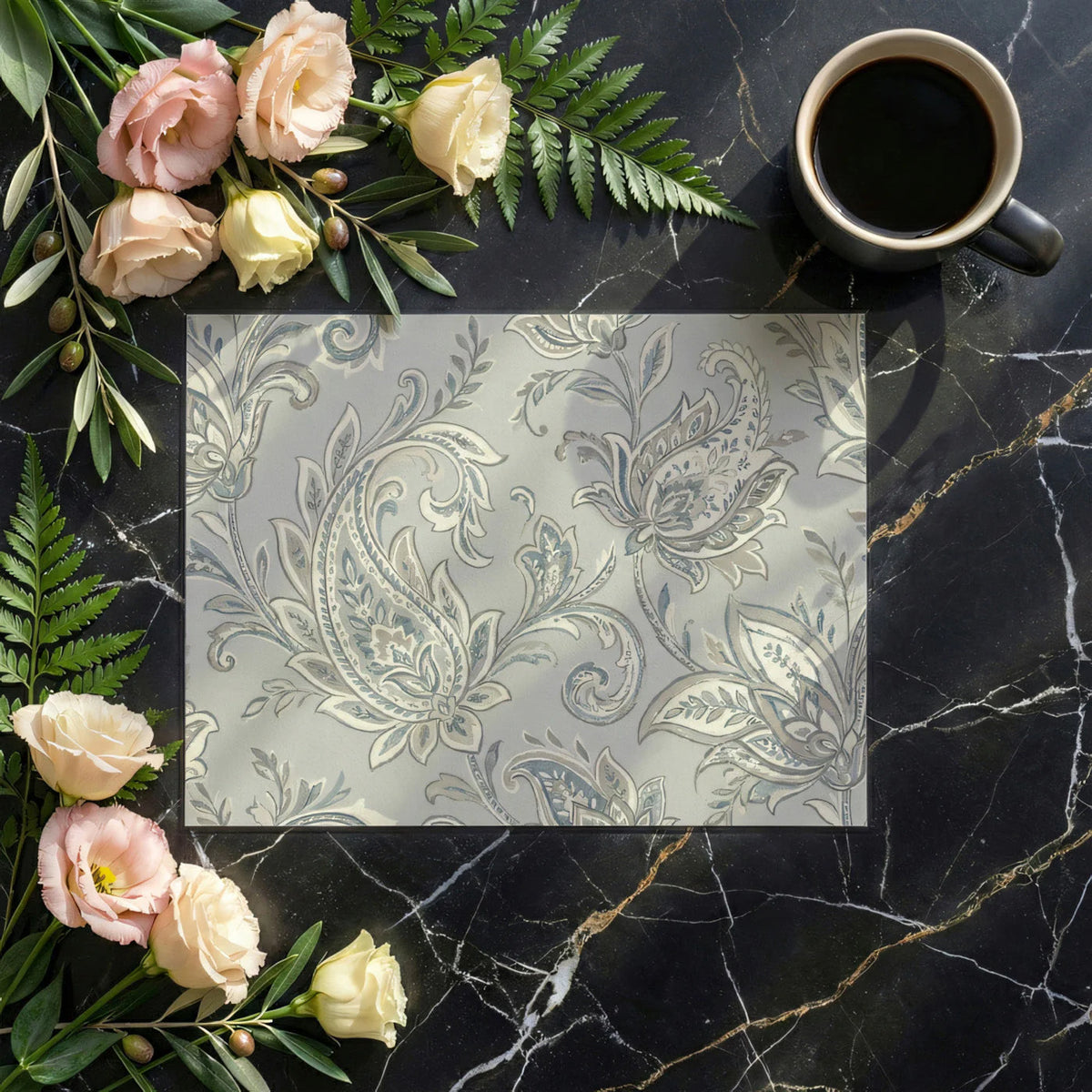 Vintage Paisley Mural Wallpaper — Soft Blue and Gray Botanical Mural Wallpaper - room preview 02