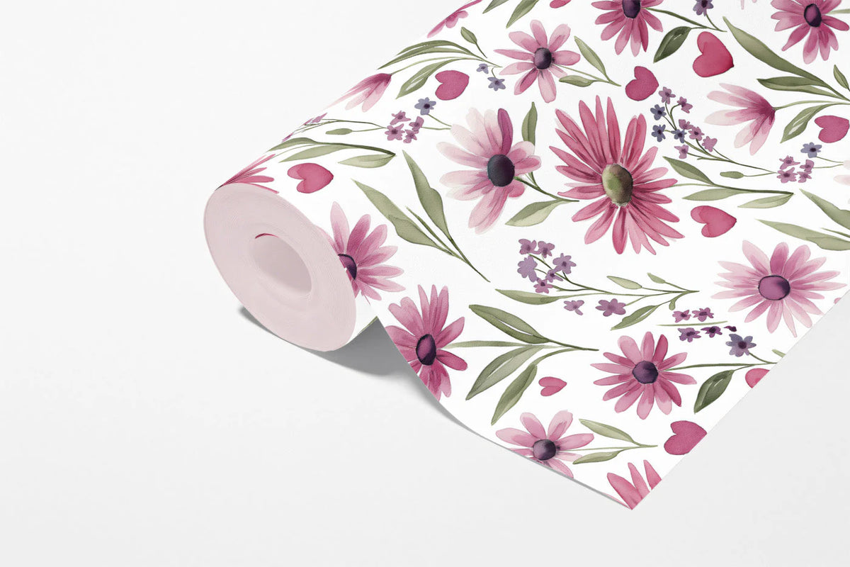Pink Daisy and Heart Floral Mural Wallpaper — Whimsical Decor Mural Wallpaper - room preview 02