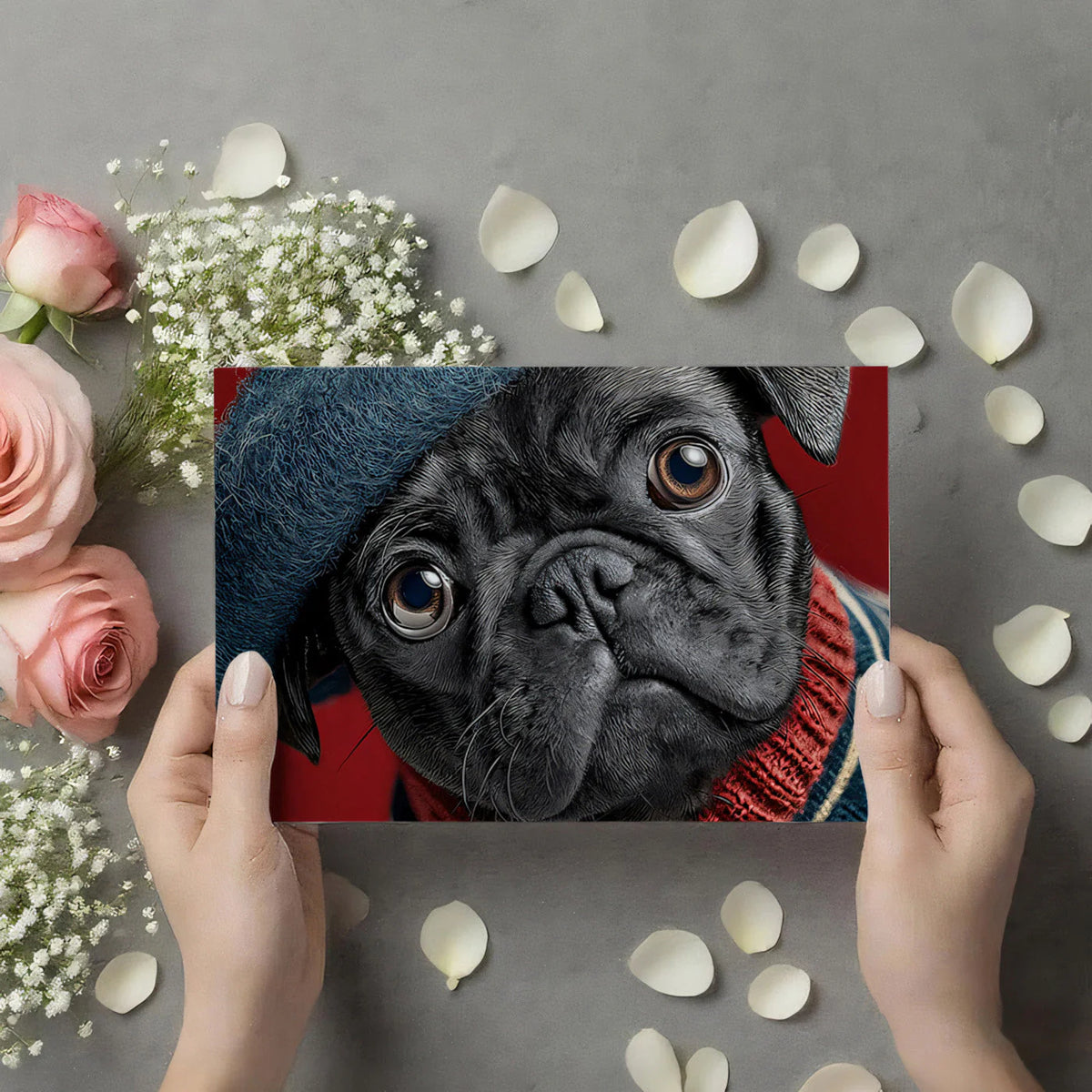 Charming Pug in a Beret Mural Wallpaper — Whimsical Portrait Mural Wallpaper - room preview 02